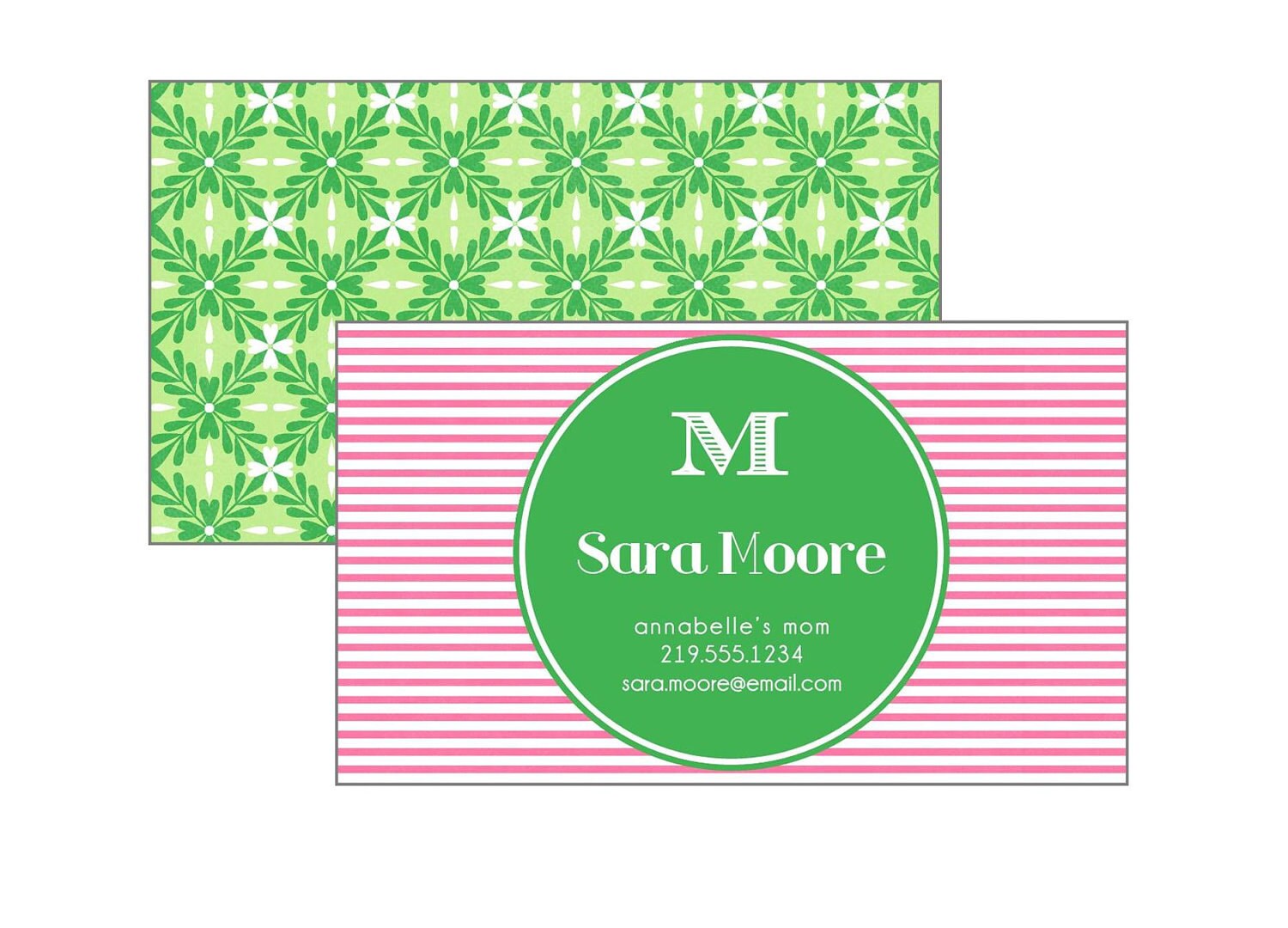Calling Card Printable - Front and Back Design - Lily Pulitzer Inspired Pink and Green - Preppy - Miami Style Il_570xn