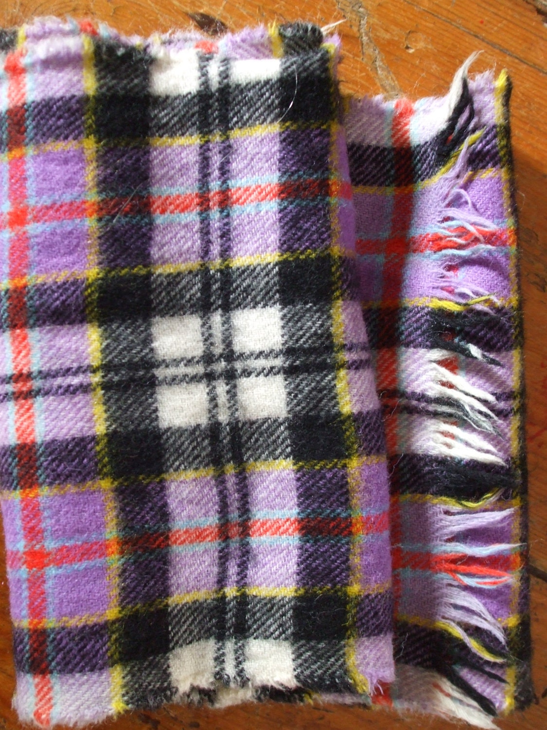 Vintage purple red black check wool vintage scarf