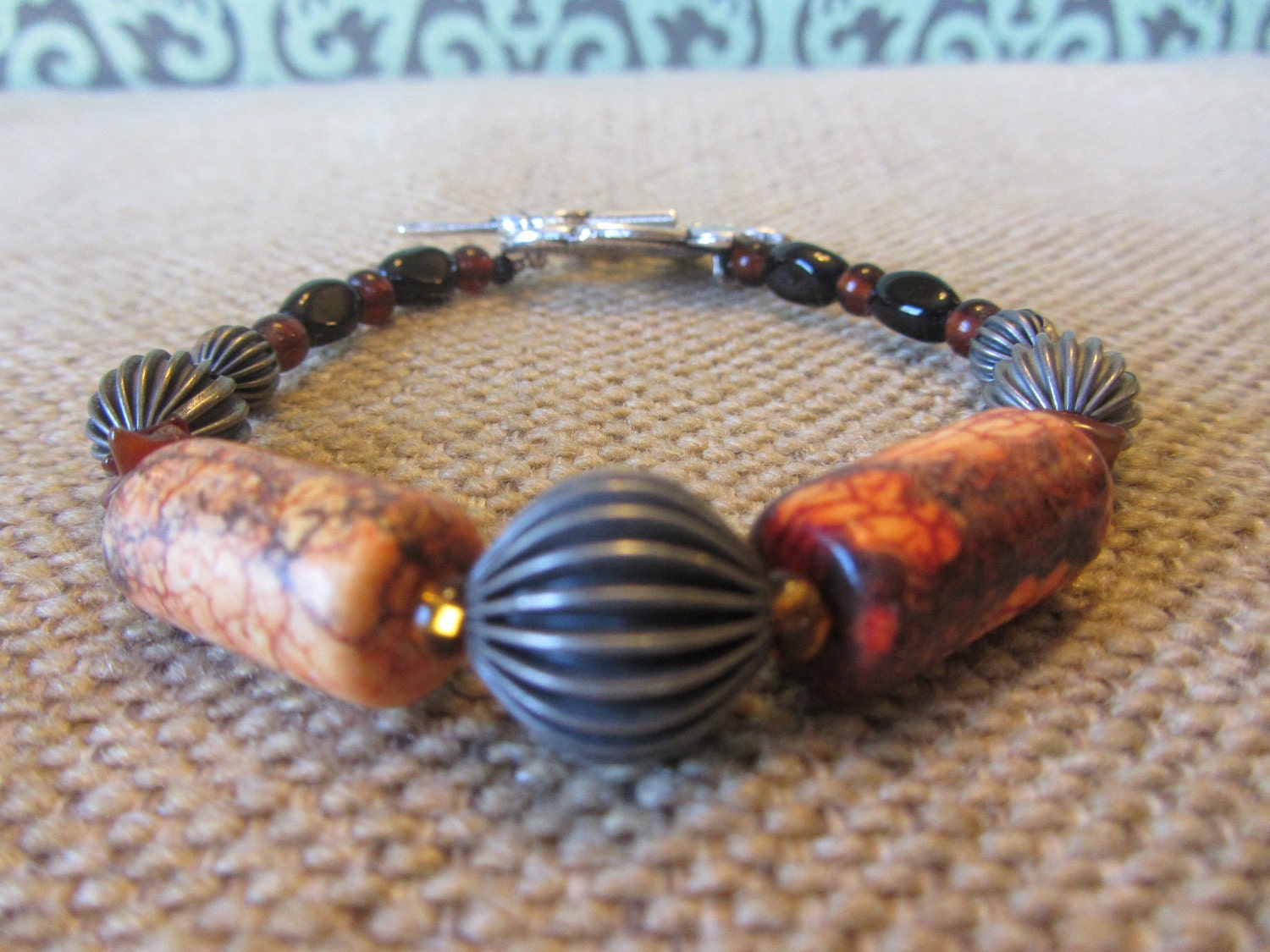 Orange Beaded Semiprecious Agate Bracelet with Amber Carnelian and Glass - African Sunset (E102B)