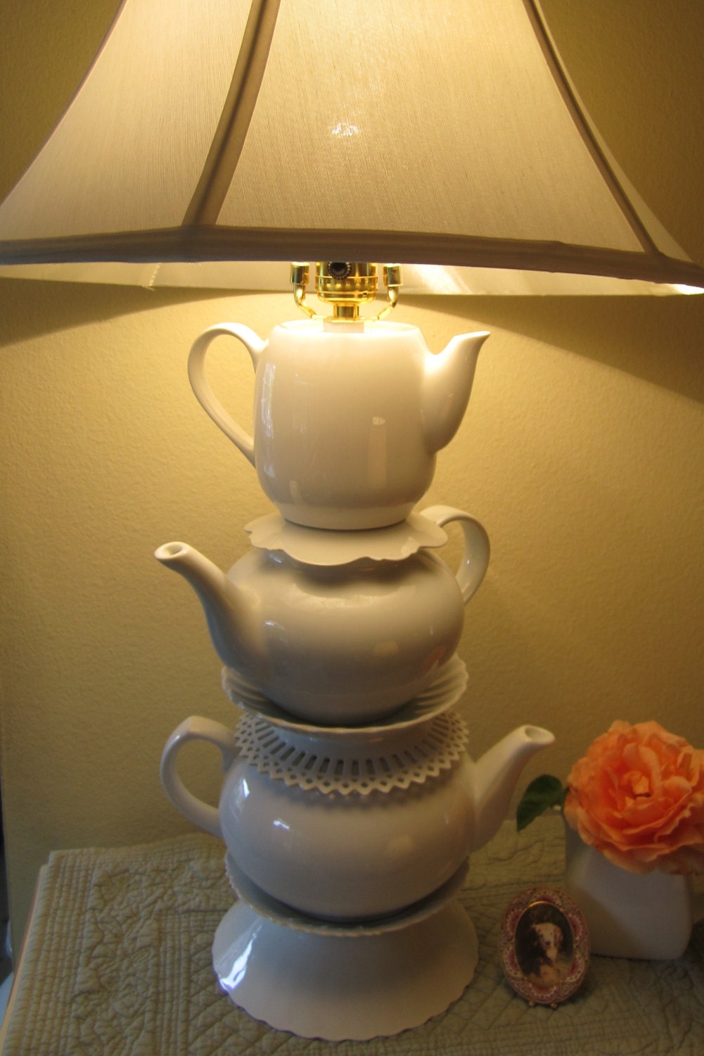 Teapot Lamp with Three Stacked White Teapots by ThistleandJug