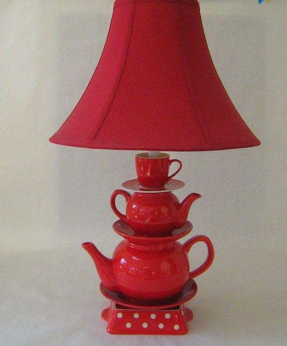 Teapot Lamp, Red Teapots Tea Cup and Saucer with Polka Dots  Country Cottage
