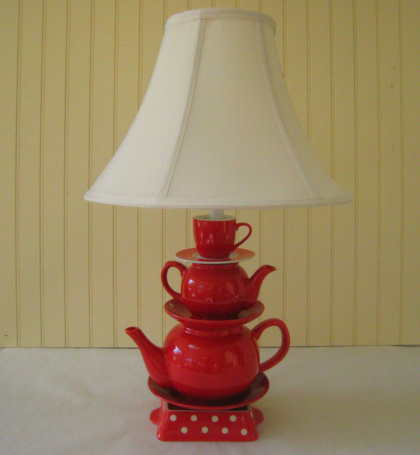 Teapot Lamp, Red Teapots Tea Cup and Saucer with Polka Dots  Country Cottage