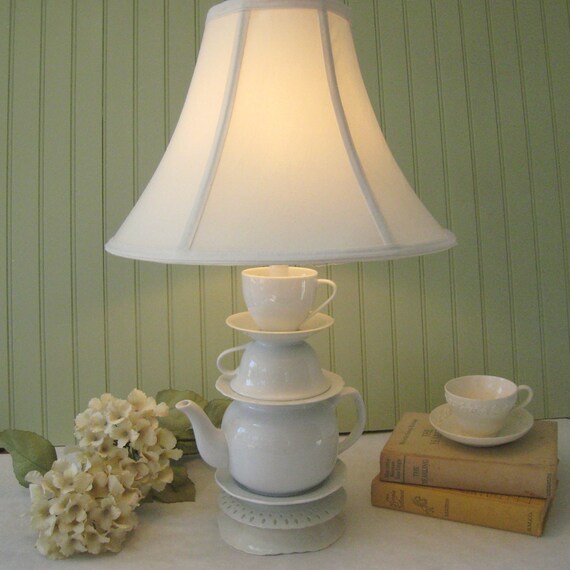 Teapot Lamp White Teapot with Tea Cup and Saucers by ThistleandJug