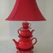 Teapot Lamp, Red Teapots Tea Cup and Saucer with Polka Dots Country Cottage