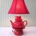Teapot Lamp, Red Stacked Teapot and Tea Cup, Shabby Chic Country French Cottage Alice in Wonderland Inspired