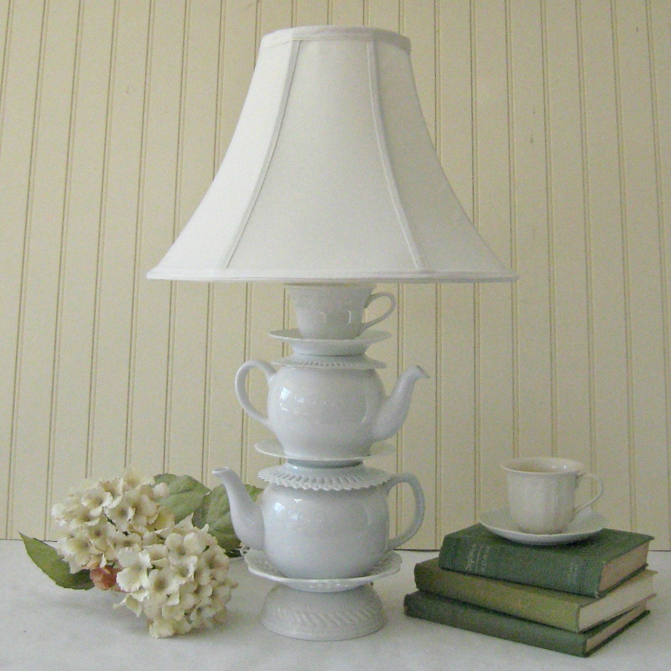 White Stacked Teapot Lamp Cup Reticulated Saucers by ThistleandJug