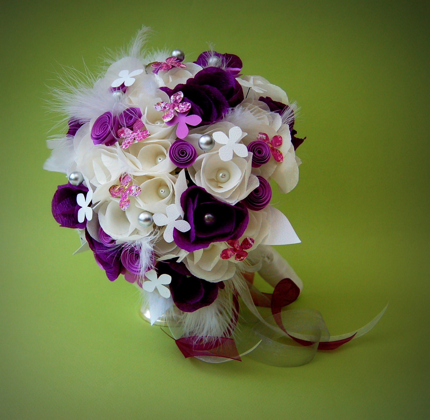 Wedding Bridal Paper Flower Bouquet - Purple and White Paper Flowers
