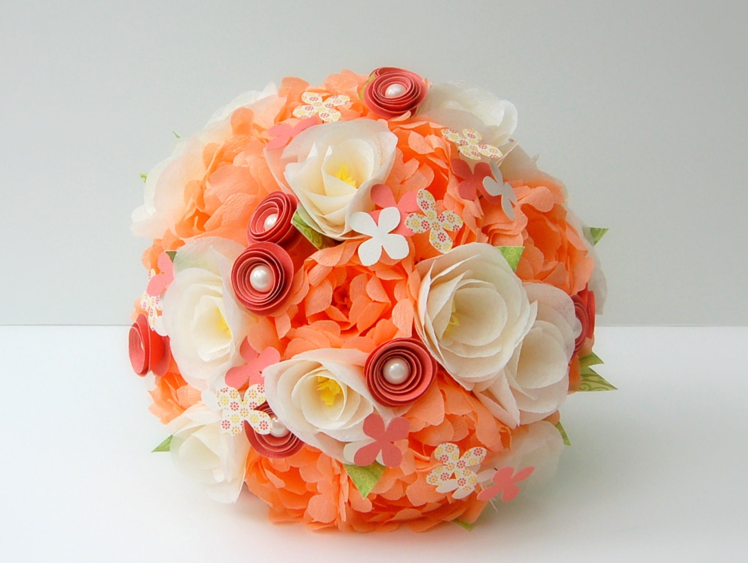Paper Wedding Flower Bouquet - Peach and Ivory Handmade Paper Flowers Bridal Bouquet