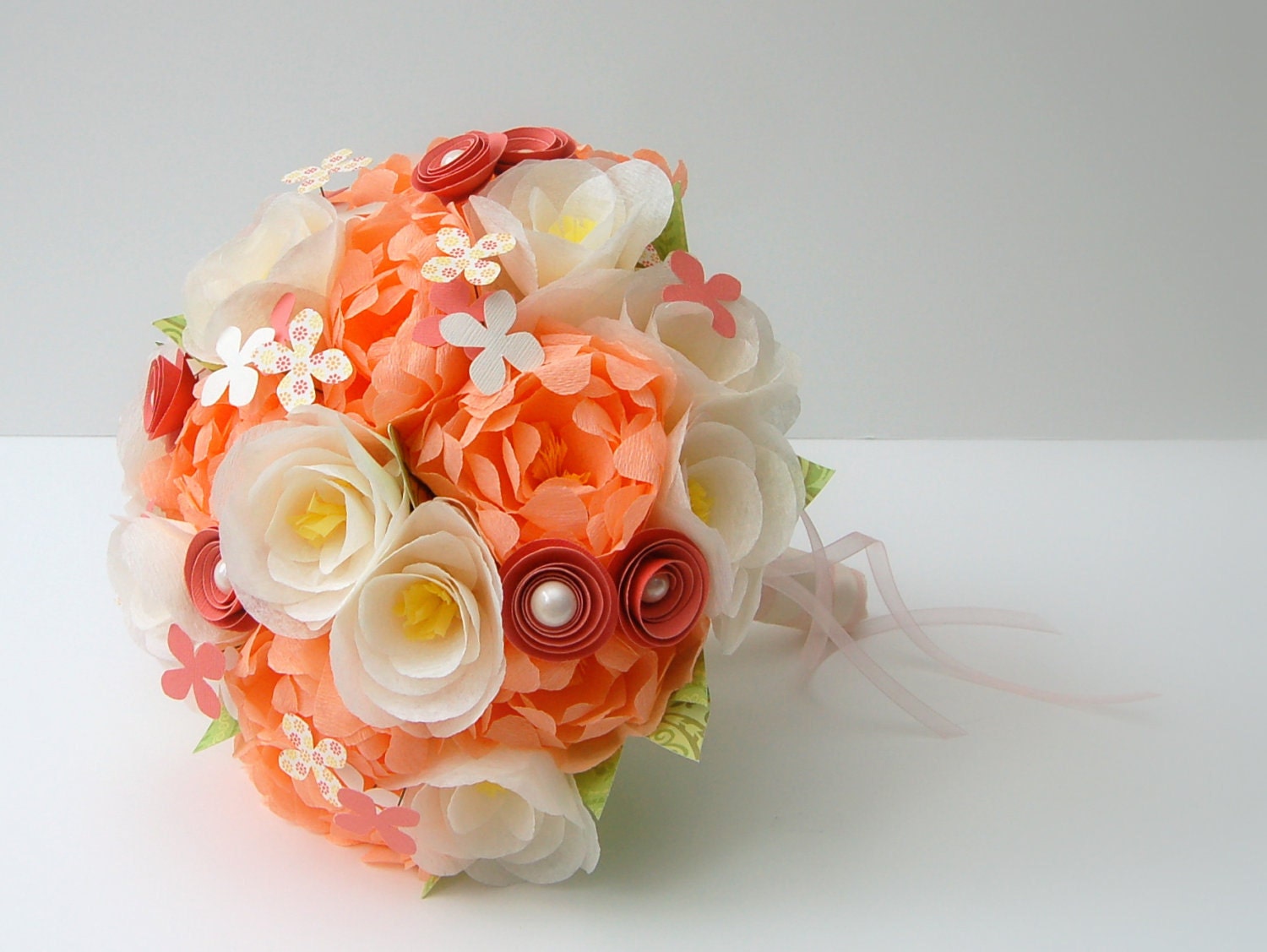 Paper Wedding Flower Bouquet - Peach and Ivory Handmade Paper Flowers Bridal Bouquet