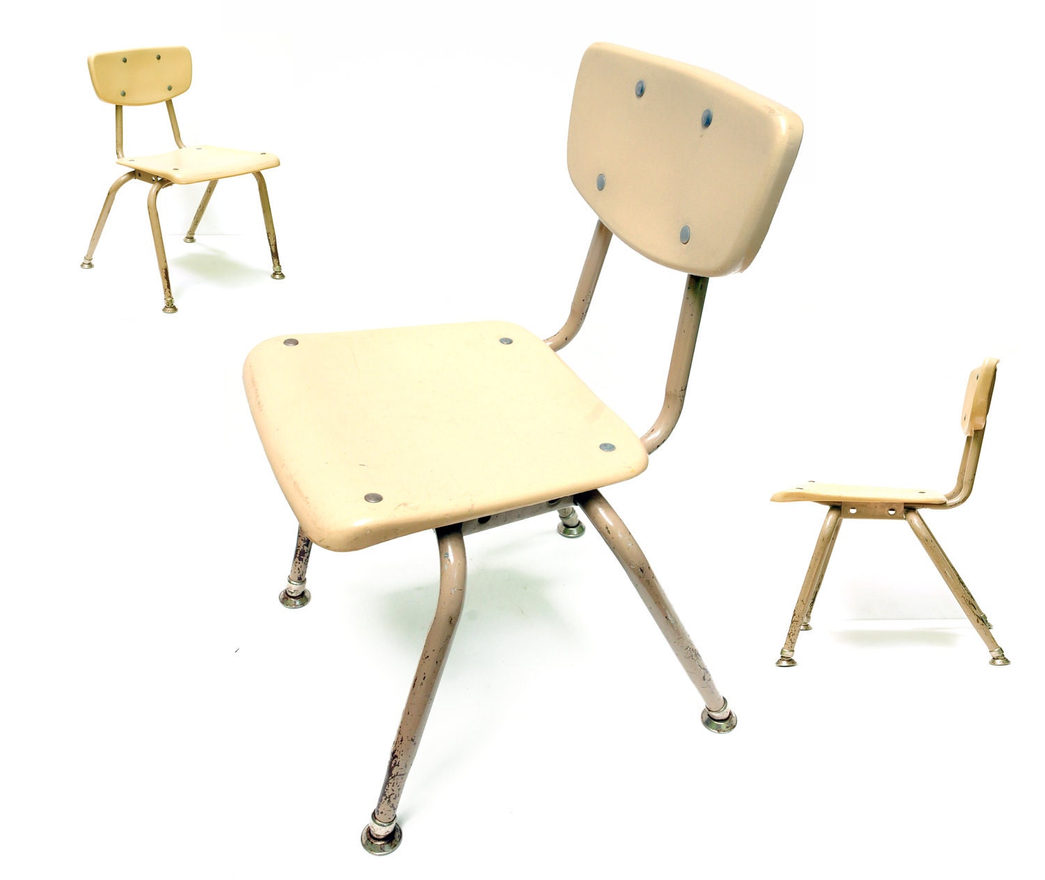 Set of 3 children's school chairs, mid century modern, angled legs, industrial, repurpose, upcylcle as book shelf, plant stand etc