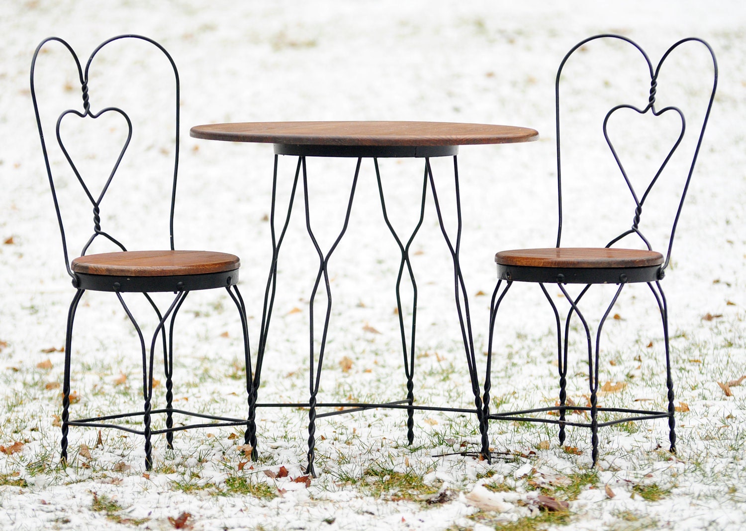 Ice Cream Parlor, Bistro, Pub, General Store Table and Chairs Set - Oak and Wrought Iron - A Vintage Beauty