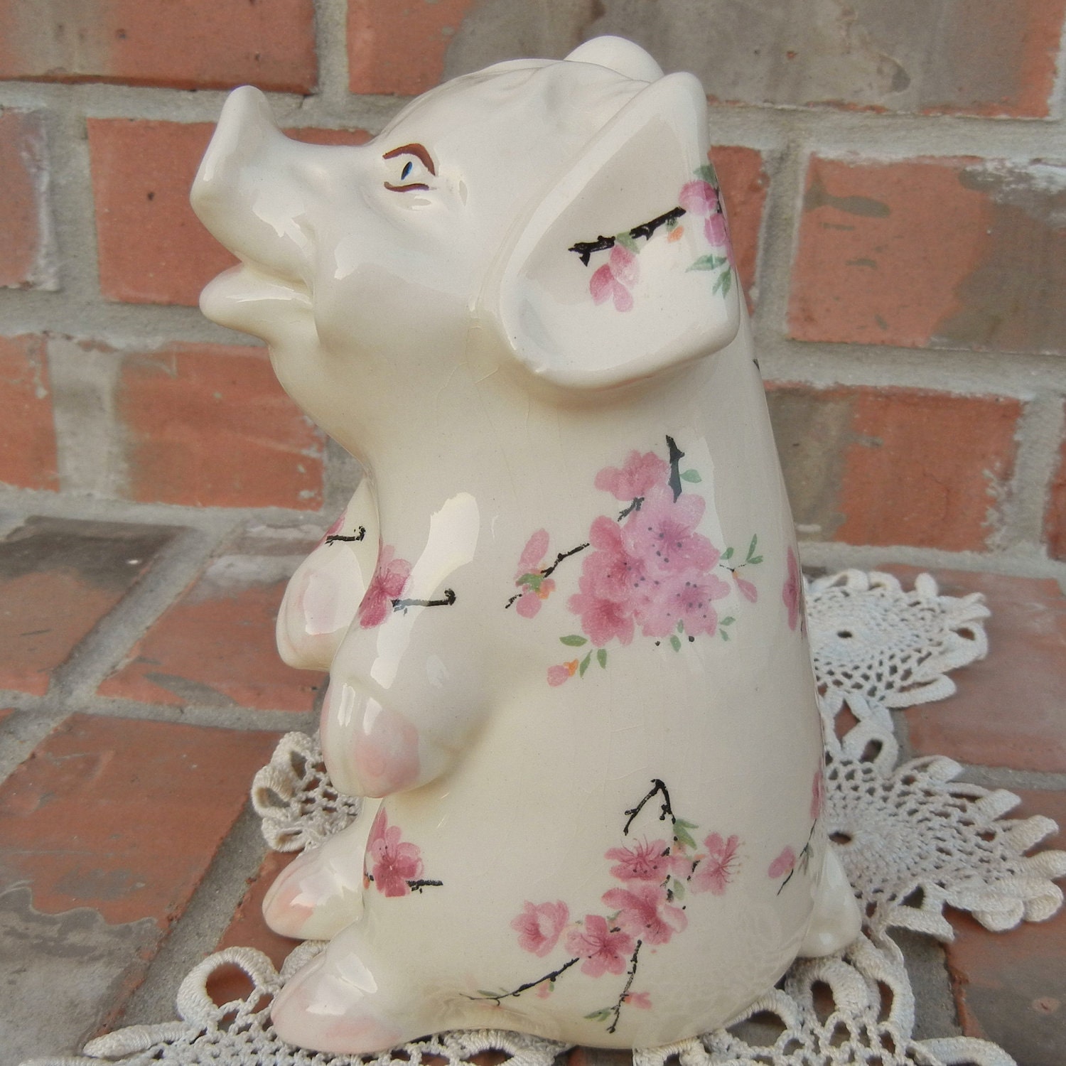 Shabby Vintage 1940s Piggy Bank Decorated With Cherry Blossoms
