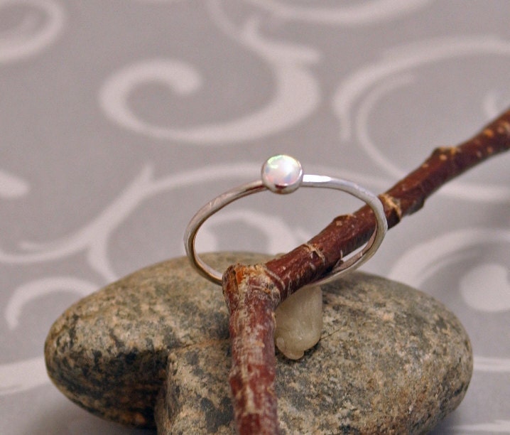 Opal Stacking Ring, Sterling Silver Ring, Thin Delicate Ring, Hammered Stack, Sweetheart Jewelry, Gift for Her