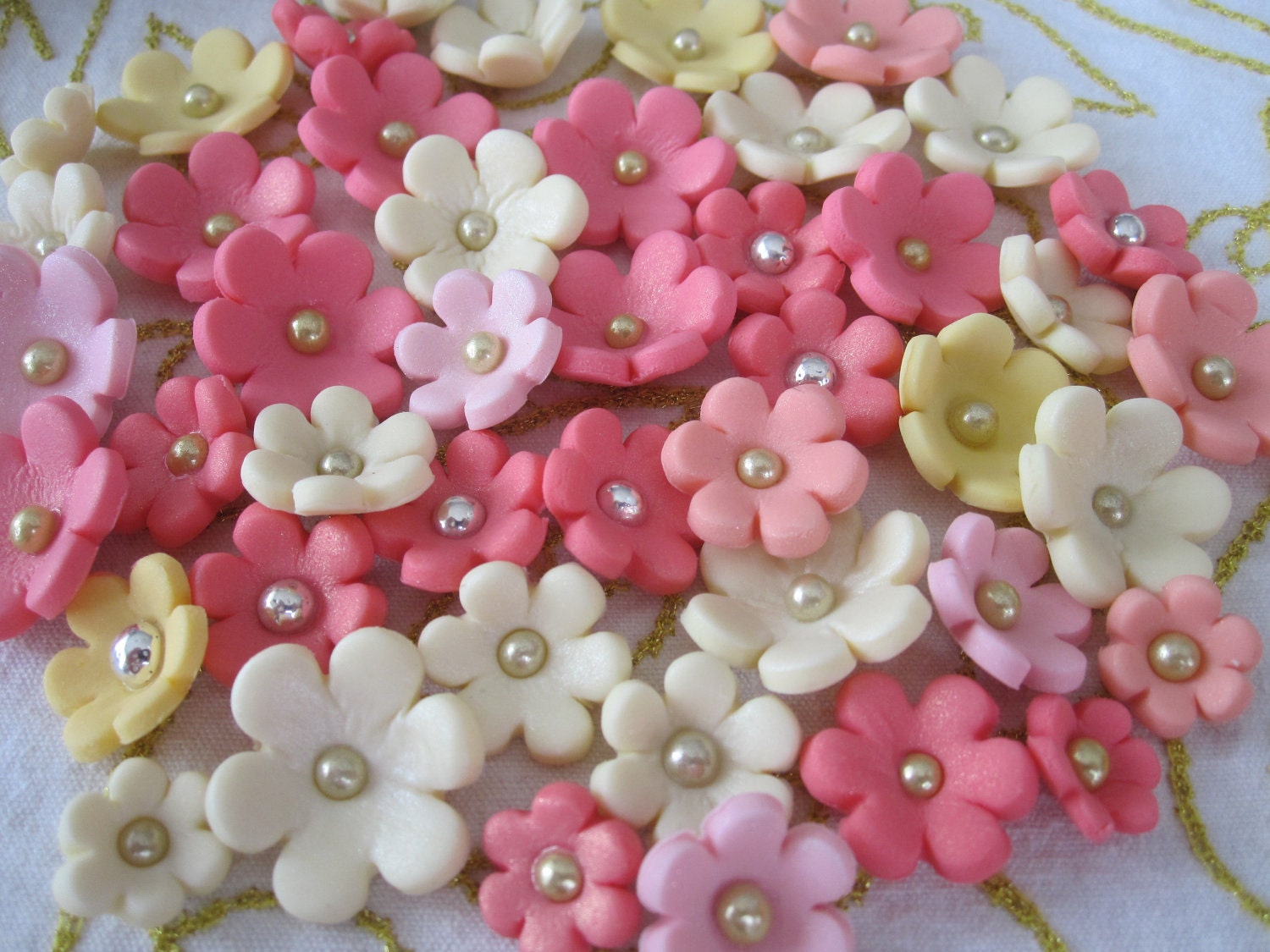 Coral, Yellow, Soft Pink and Cream 6-Lobed/Petal Flowers 3D Edible Cupcake & Cake Fondant Toppers