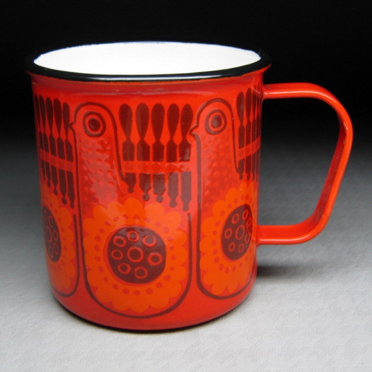 vintage FINEL porcelain enamel mug cup finland mid-century modern eames era