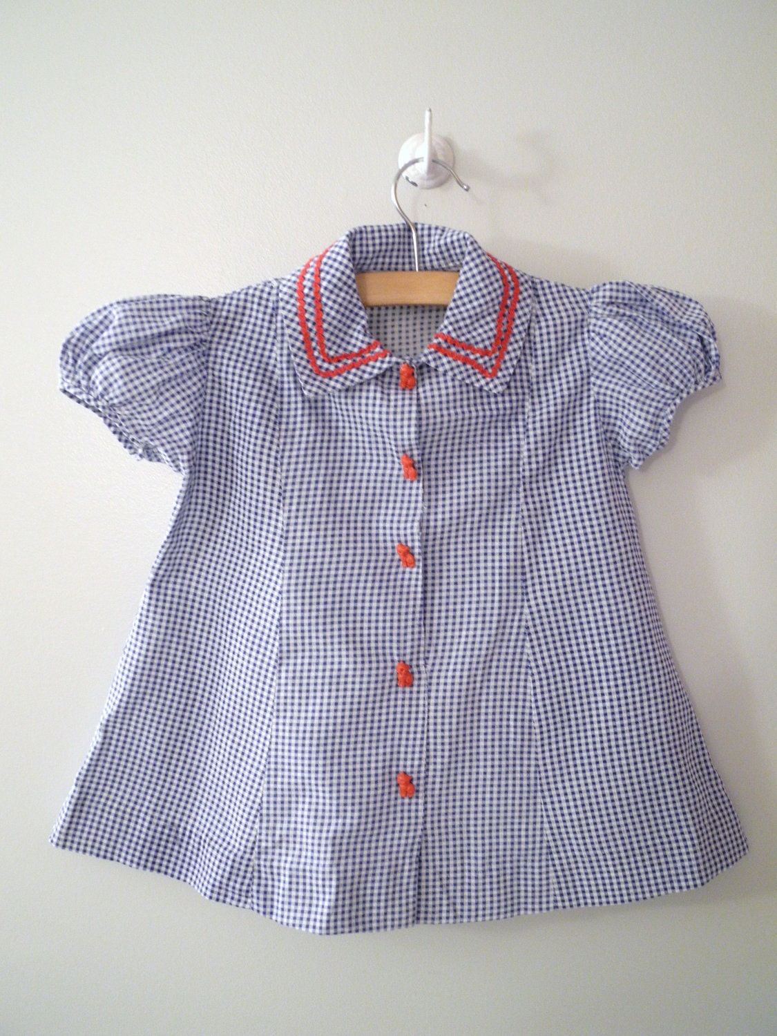 1950's Handmade Blue Gingham Check "Kitty Cat" Dress