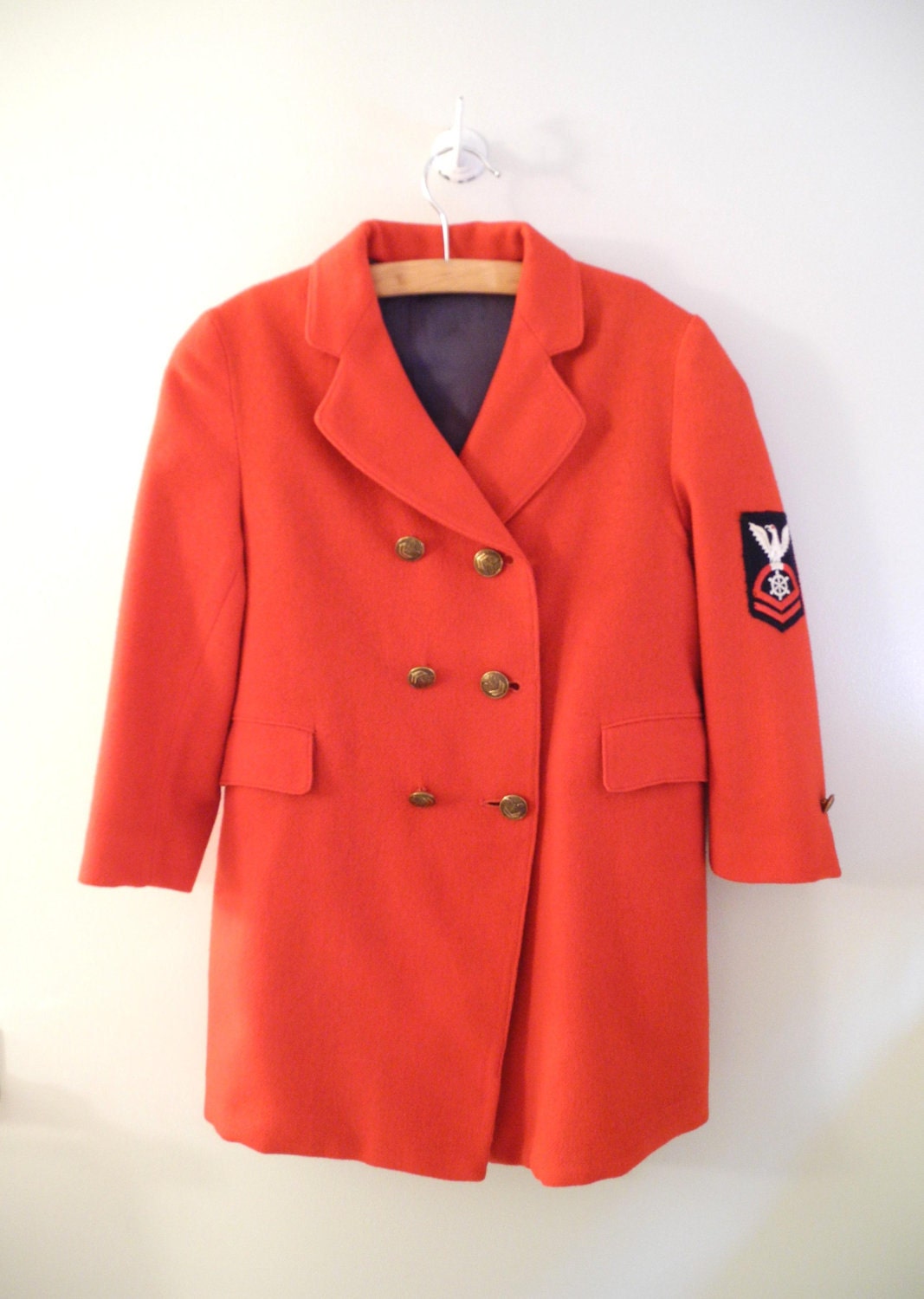 1950's Bright Red Military Style Double Breasted Wool Coat