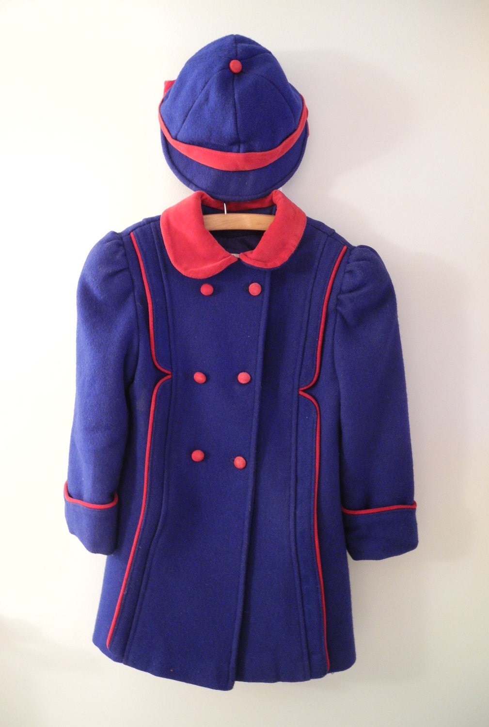 1940's London Fog Royal Blue Wool and Red Velvet Coat and Bonnet Set