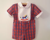 1970's Navy and Red Plaid "Rocking Horse" Romper - BabyTweeds