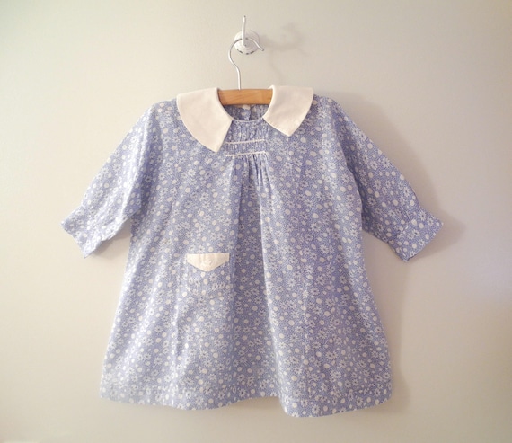 1930's Handmade Blue and White Floral Feed Sack Dress