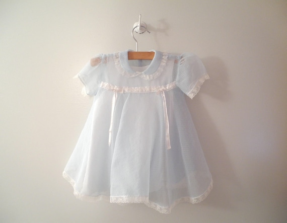 1950s Powder Blue and White Dotted Swiss Chiffon Dress and Petticoat