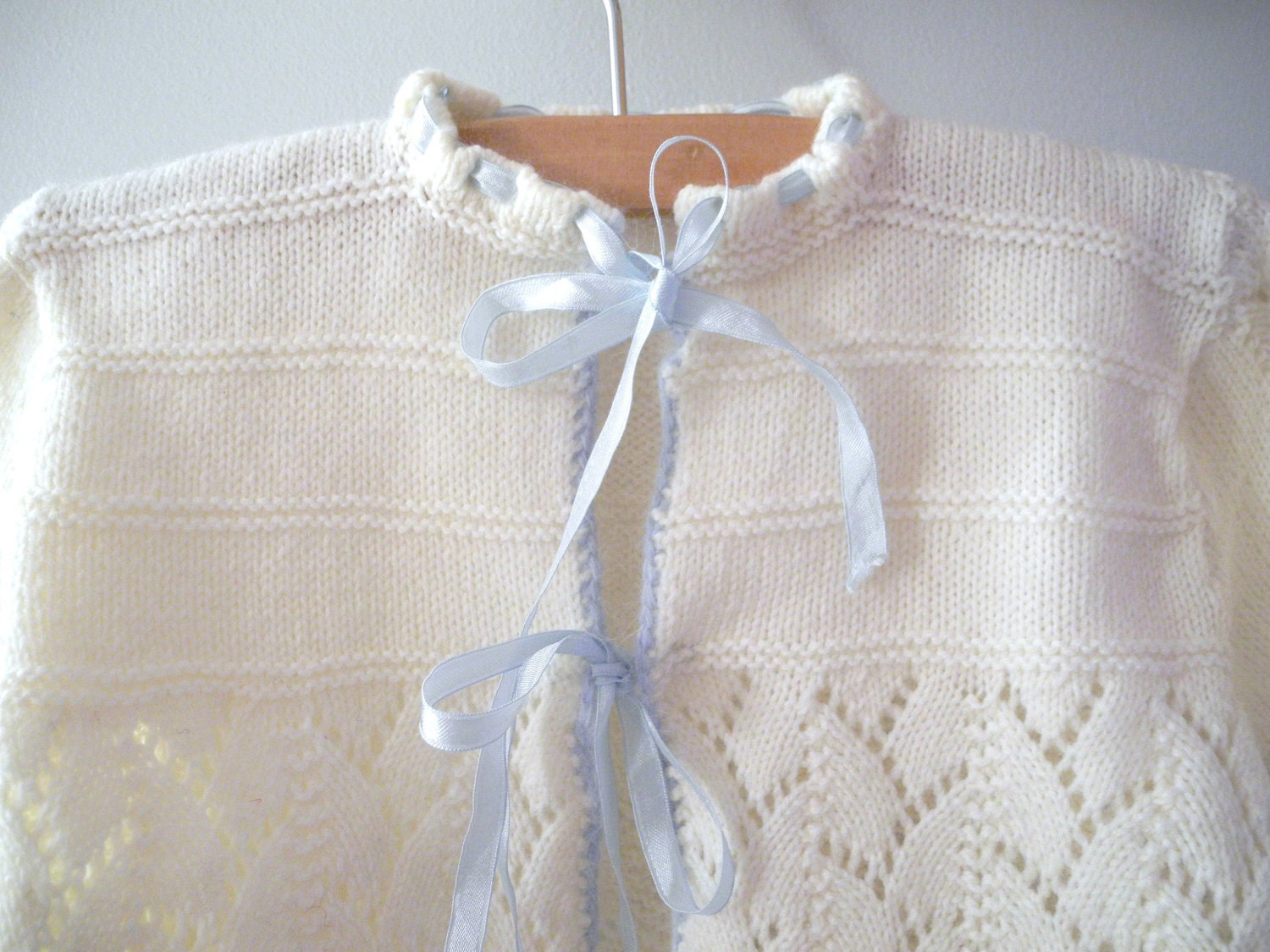 1950's Hand Knit Baby Blue and Cream Sweater and Bonnet Set
