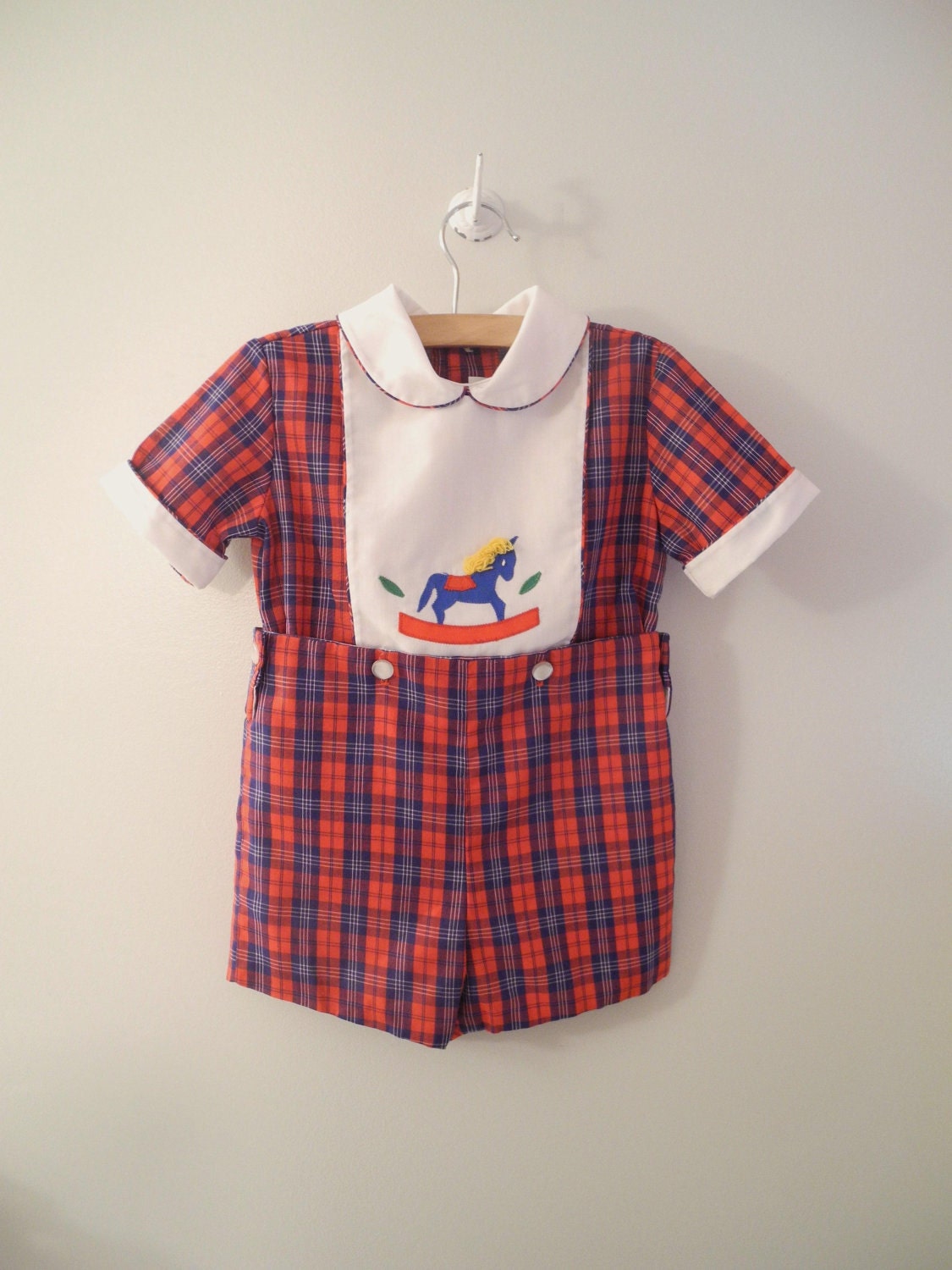 1970's Navy and Red Plaid "Rocking Horse" Romper