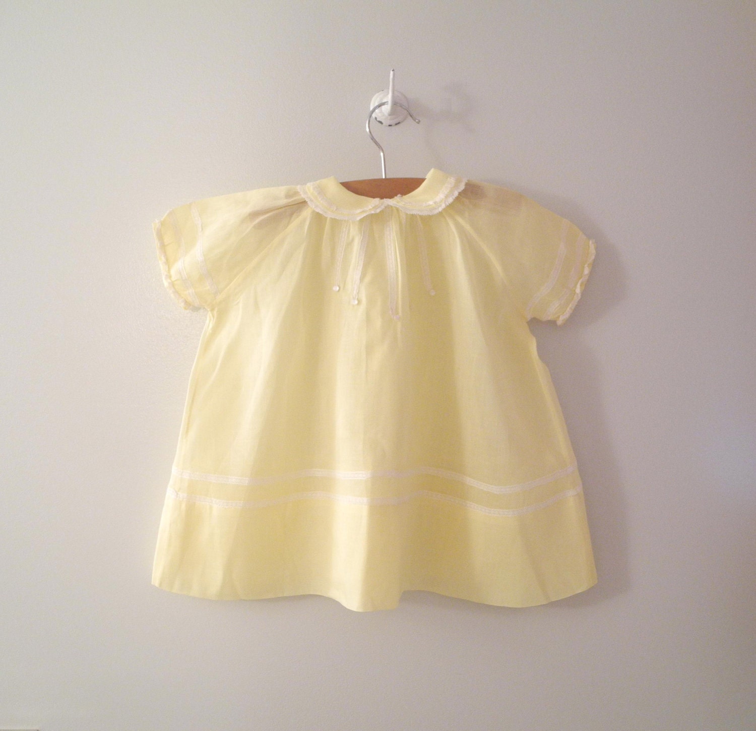 1950'S Handmade Butter Cream Yellow and White Lace Dress
