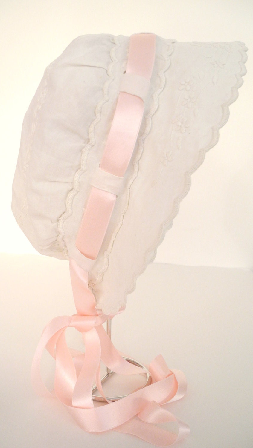 Turn of the Century Handmade Ivory and Pink Embroidered Bonnet