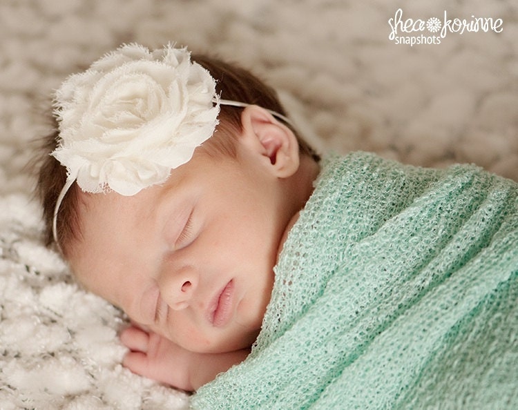 Baby Headband - Newborn Headband - Ivory Shabby Chic Chiffon Rosette Skinny Headband - Baby Photography Prop Wedding Flower Girl