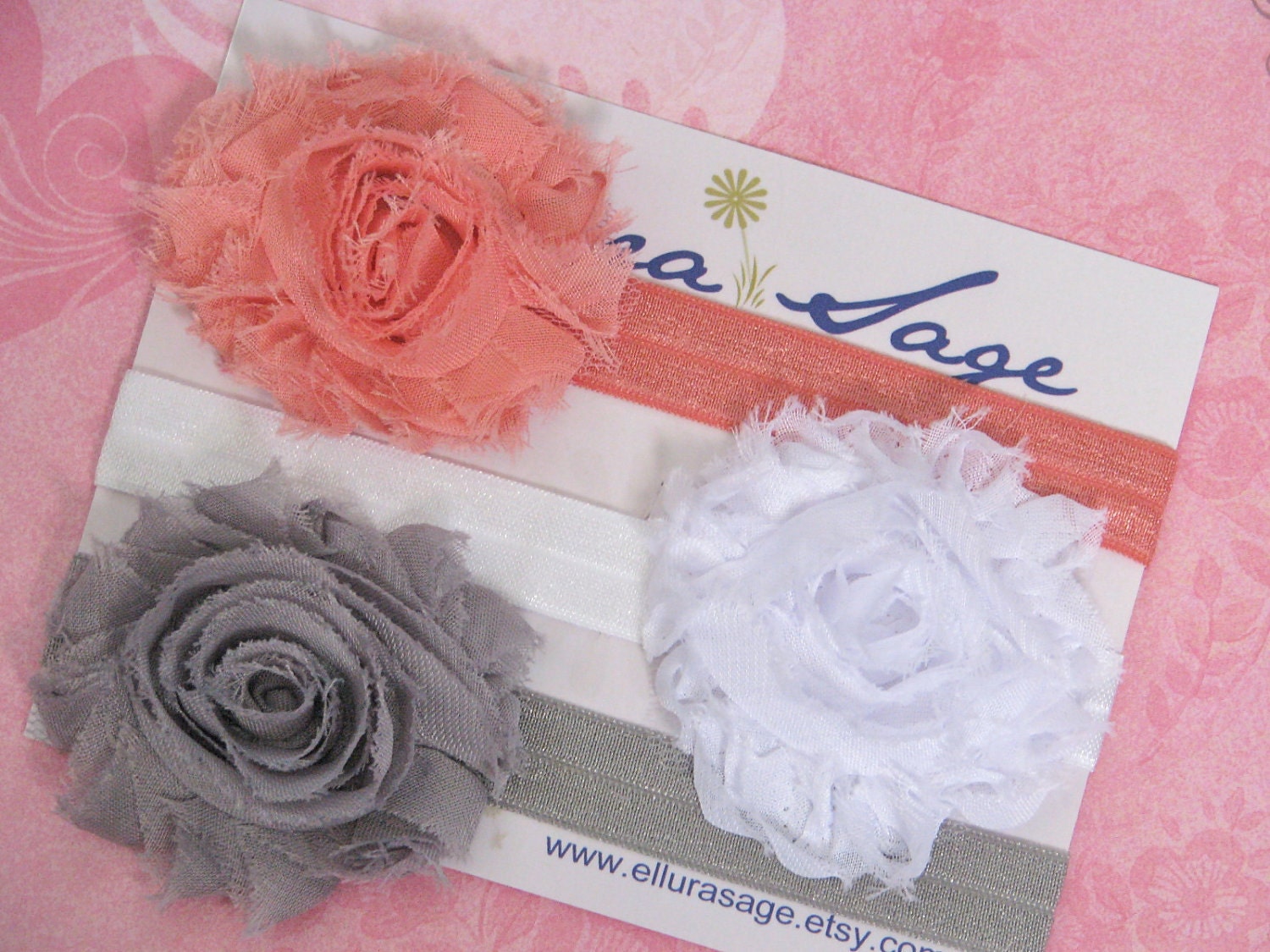 Baby Headband - BUY 3 AND SAVE - Newborn Headband - Coral White Gray Shabby Chic Rosette Skinny Headband - Girl Photography Prop