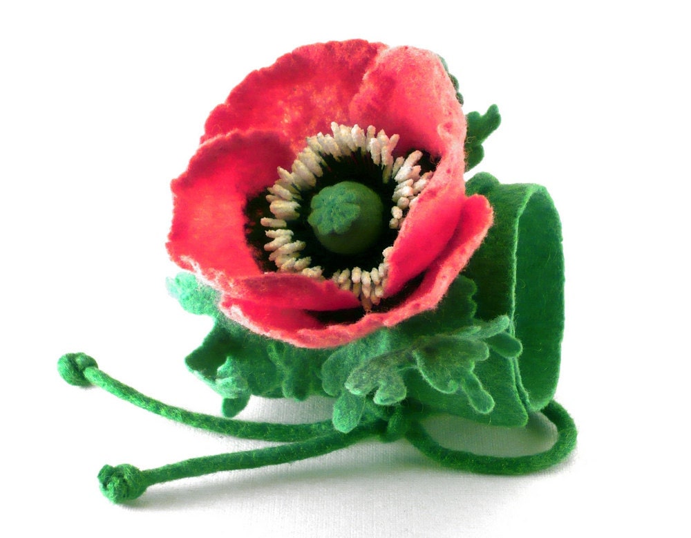 Felted bracelet cuff with flower hot pink poppy eco friendly OOAK gift under 50