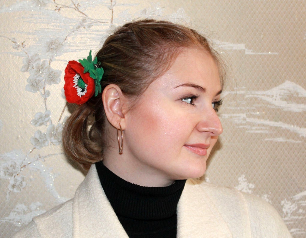 Felted flower hair clip red poppy eco friendly OOAK ready to ship gift under 35