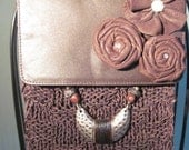Brown Leather Purse Upcycled With Handmade Leather Flowers and Vintage Jewelry Vintage Button and Rhinestones