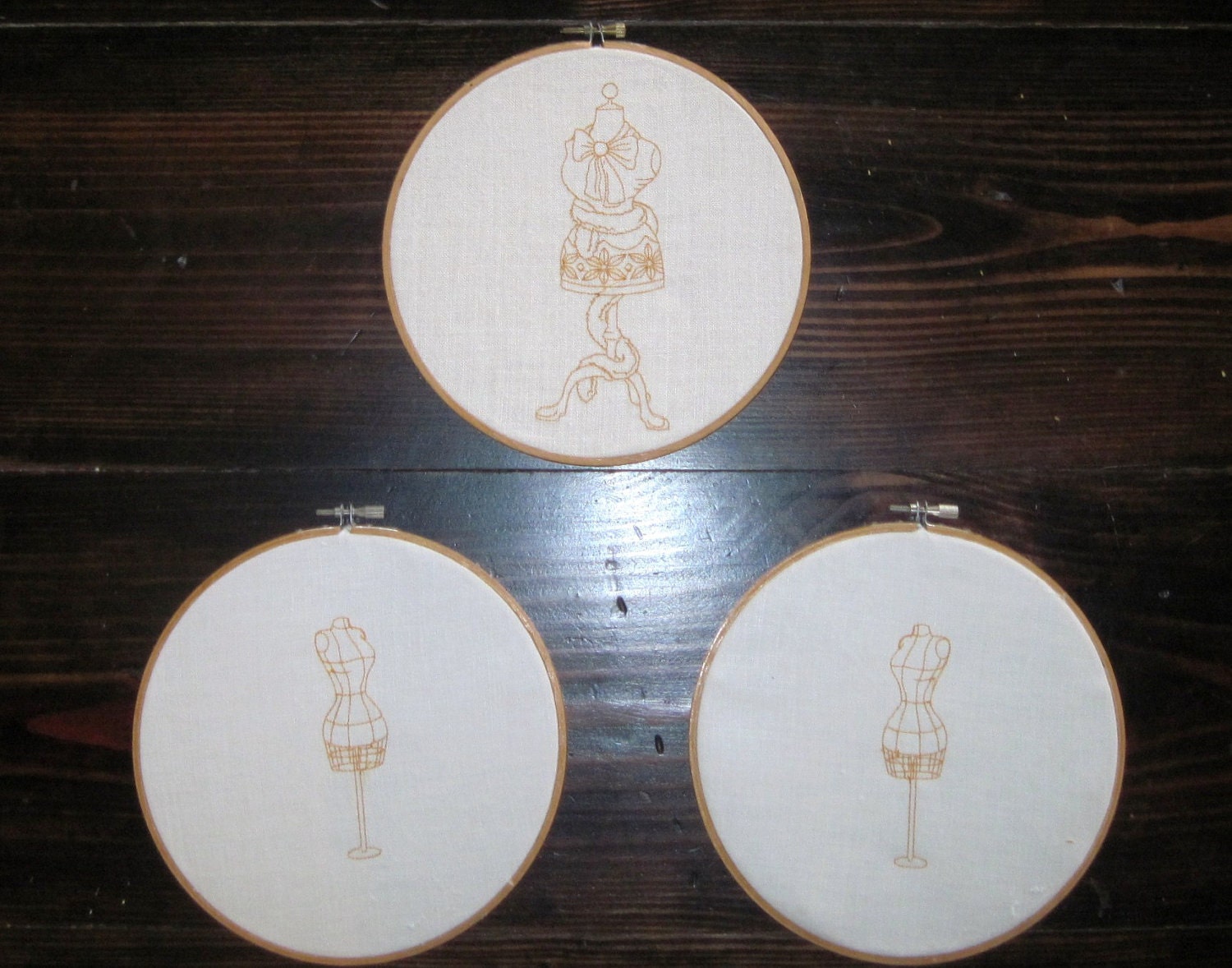 Embroidery Hoop Art  Gold Embroidered Dressforms Wall Hangings