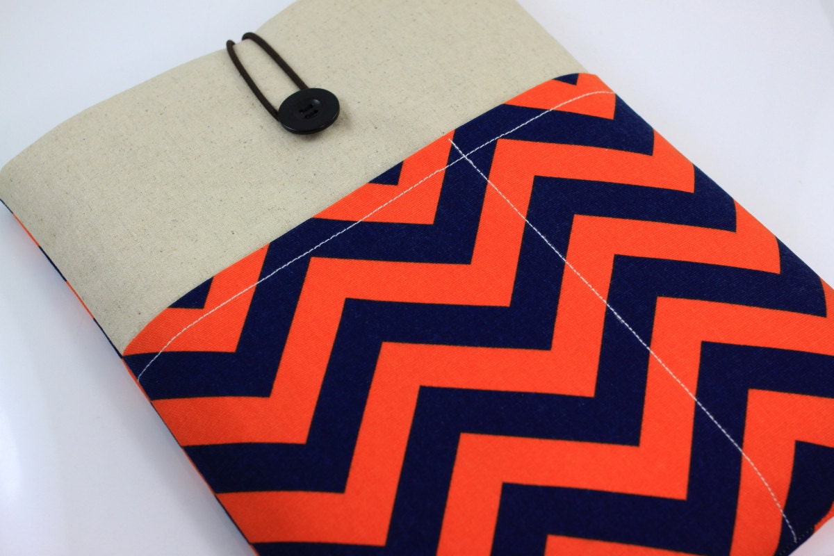 Laptop Case, 13" MacBook Case, 13" MacBook Air Case, 13" MacBook Pro Case, PADDED, with 2 pockets - Orange & Navy Chevron Zig Zag Stripes