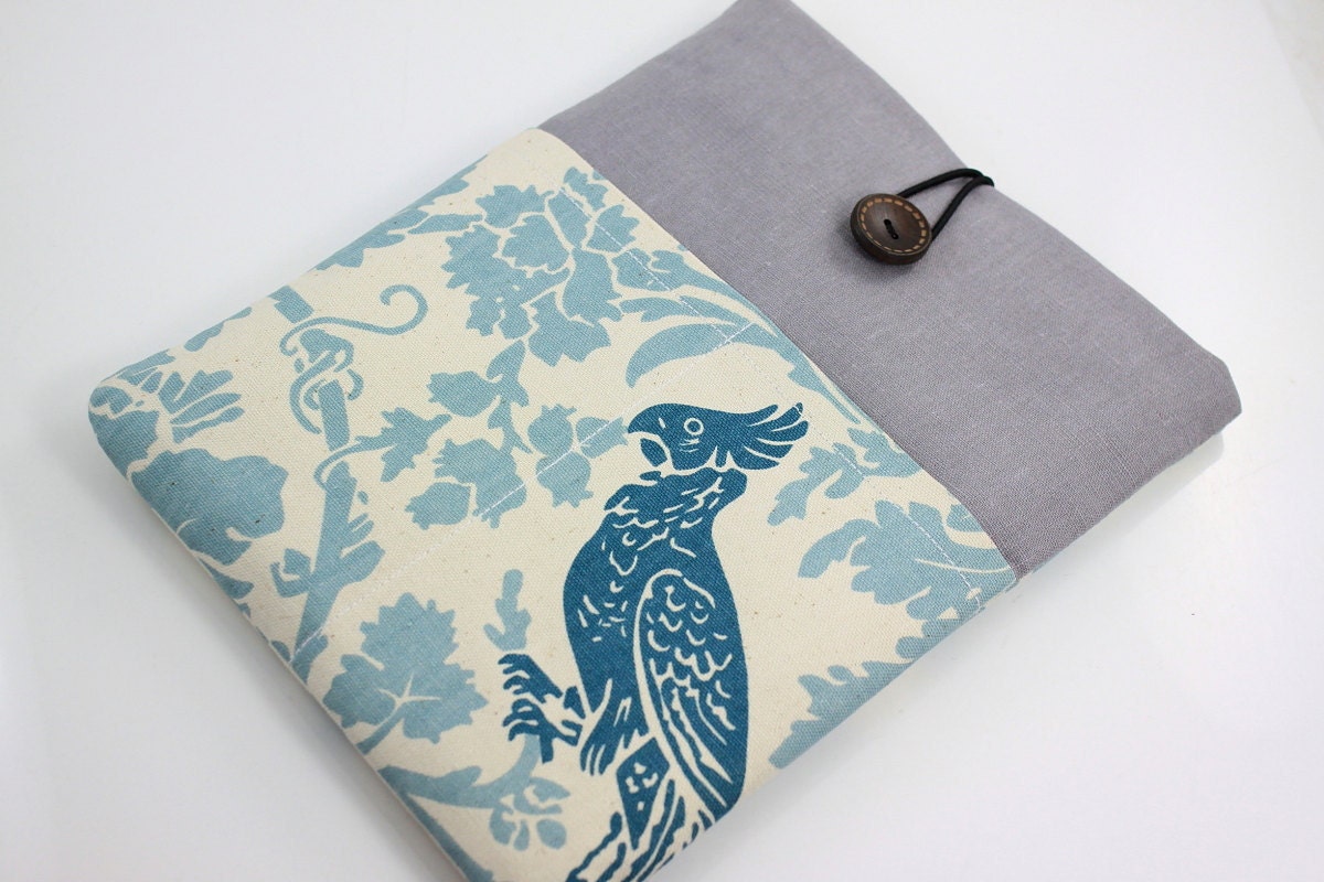 iPad Case, iPad Sleeve, iPad Cover, PADDED, with pockets for iPhone - Parakeet & Flower (Vintage Blue)