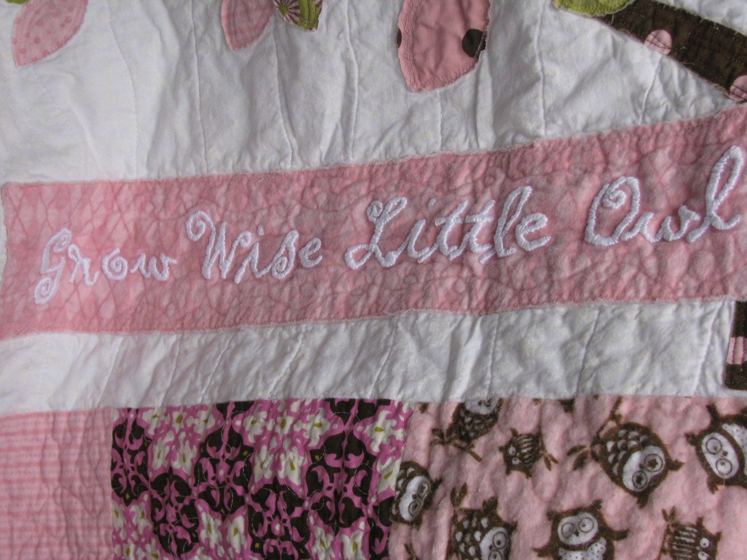 Owl baby girl quilt of flannel & cotton in pink, chocolate brown, sage, white with tree