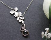 Triple Orchid Flower Lariat Necklace,  Black Faceted Triangle Glass Stone Pendant Necklace, Sterling Silver Chain, Wedding or Daily Jewelry