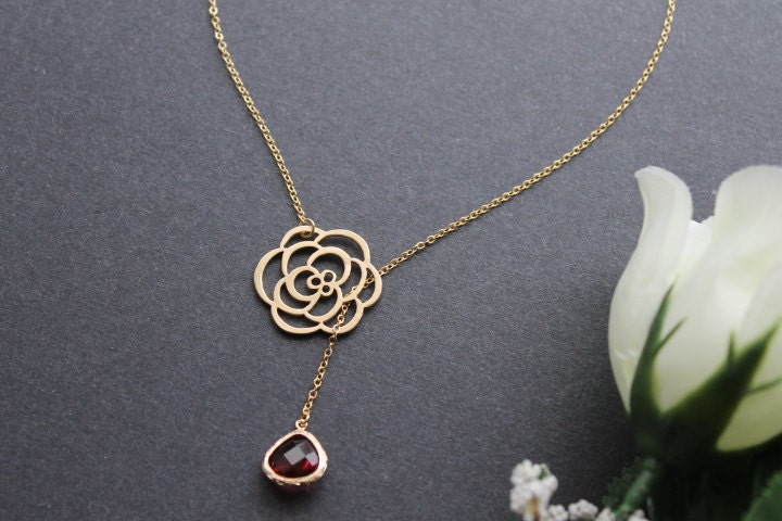 Ruby Glass Stone Pendant and Rose Flower Lariat Necklace, 14K Gold Filled Chain, Daily Jewelry Gift for Girls