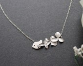 Triple Orchid Flower with Bird Necklace, Sparrow, Sterling Silver Chain, Wedding or Daily Jewelry