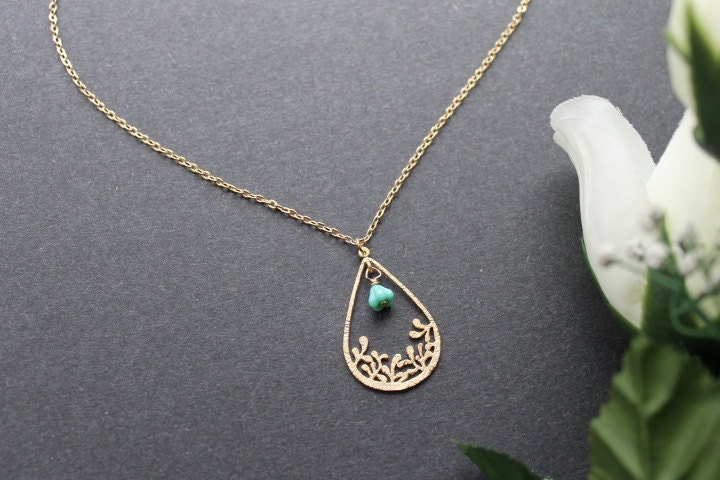 Floral Teardrop Pendent Necklace, 14K Gold Filled Chain, Gift for Lady or Birthday
