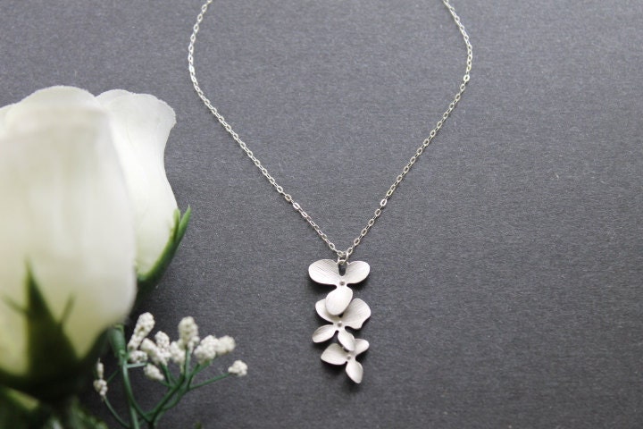 Triple Orchid Flower Lariat Necklace, Sterling Silver Chain, Wedding or Daily Jewelry, Gift