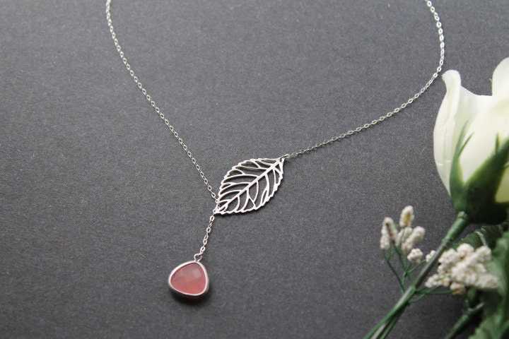 Leaf Lariat with Rose Quartz Stone Pendant Necklace, Sterling Silver Chain, Gift or Wedding Jewelry
