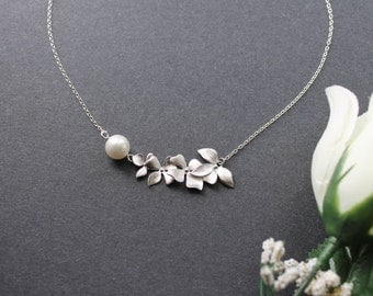 Orchid Flower with Peal Necklace, Sterling Silver Chain, Wedding or Daily Jewelry or Gift
