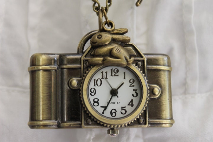 Alice in Wonderland - Antique Camera Pocket Watch Necklace with Rabbit and Rose Flower Charm