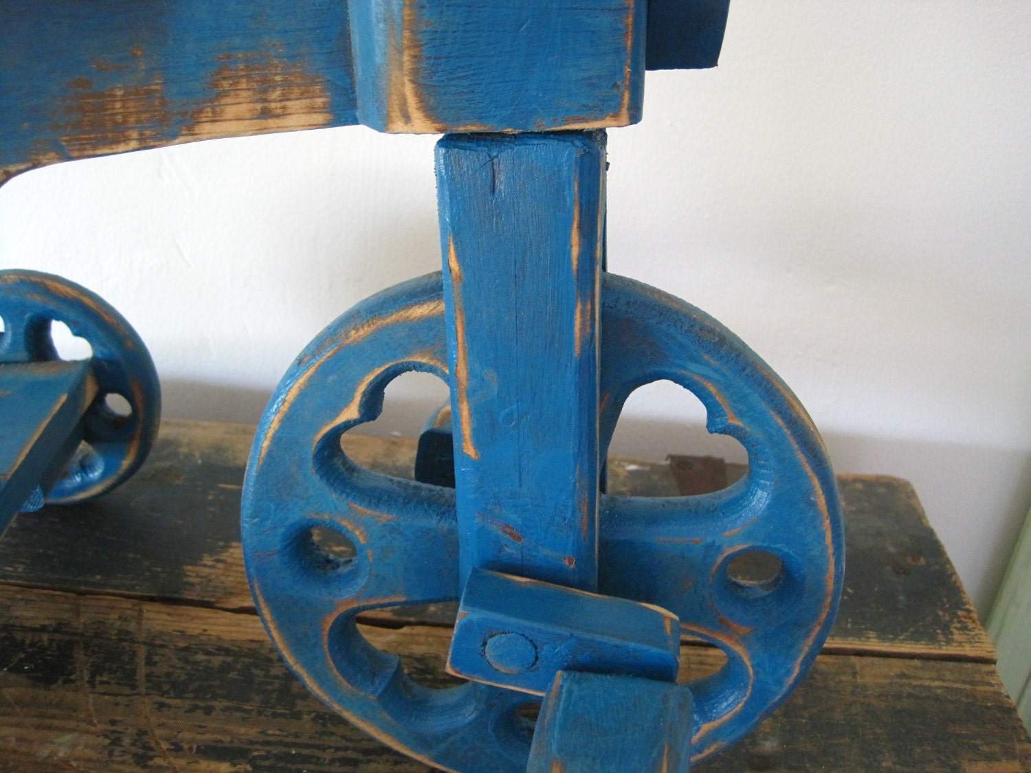 One Very Rustic Wooden Tricycle Upped in Teal
