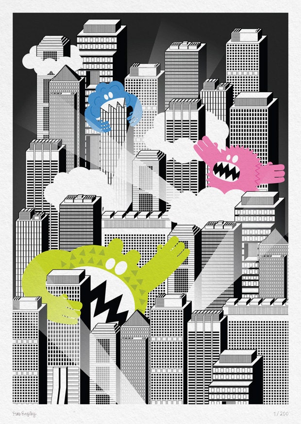City Attack - A2 Art Print - wall art, wall decor, monster art, kids art, children art