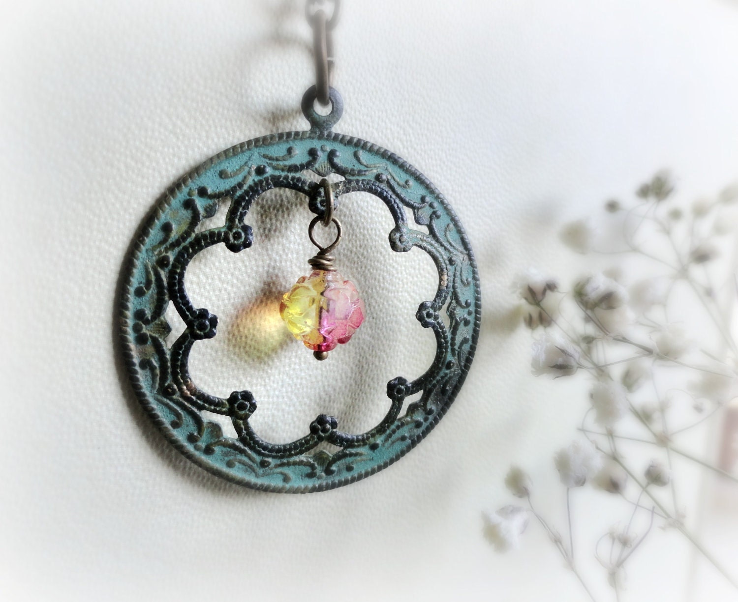 Boronia - Romantic  necklace verdigris blue teal patina pendant pink yellow rosebud czech glass bead.Gift for her valentine idea