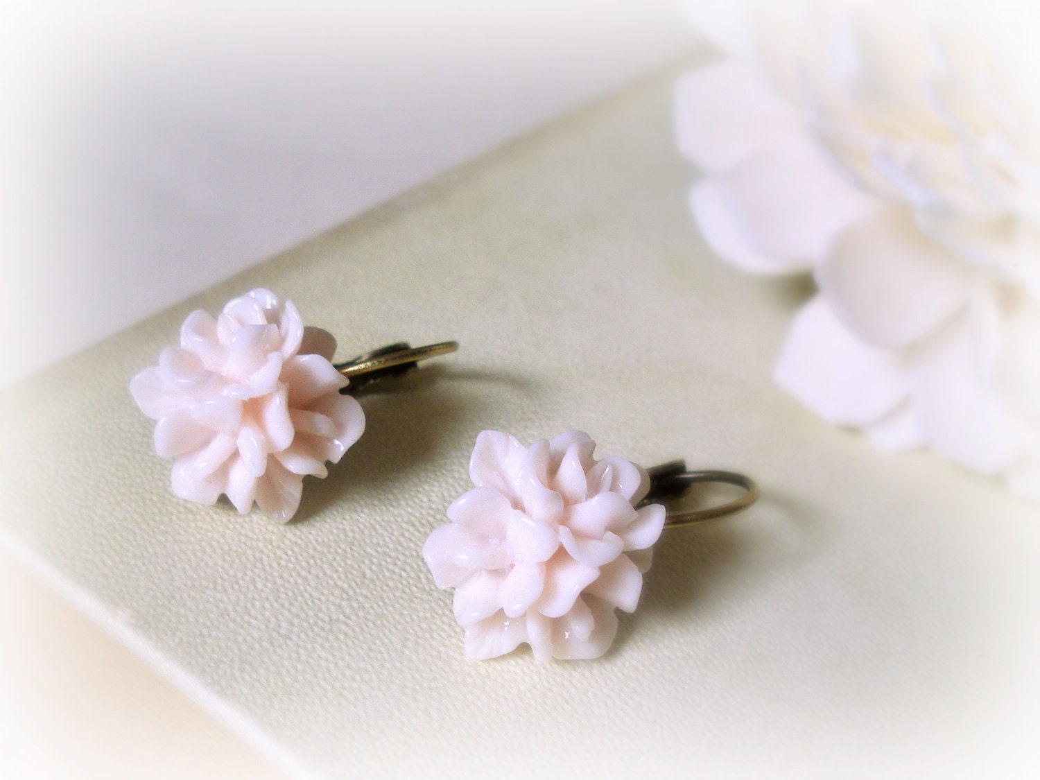 Peony flower earrings - romantic pink floral dangle Resin cabochon cameo Soft pastel everyday jewelry gift for her mother valentine